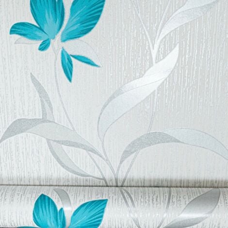 Erismann White Silver Teal Floral Metallic Shimmer Glitter Textured Wallpaper