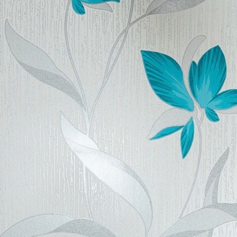 Erismann White Silver Teal Floral Metallic Shimmer Glitter Textured Wallpaper