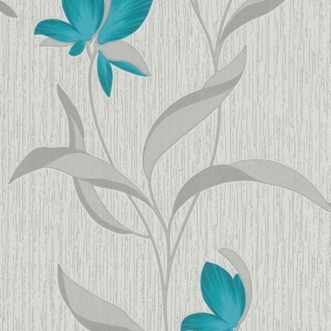 Erismann White Silver Teal Floral Metallic Shimmer Glitter Textured Wallpaper