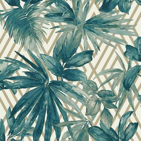 Grandeco Forage Teal Gold White Geometric Tropical Jungle Leaves Wallpaper