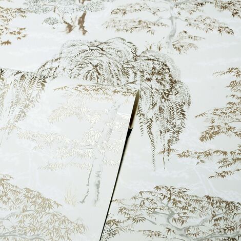 Arthouse Oriental Garden Natural Metallic Willow Trees Beige Grey Wallpaper