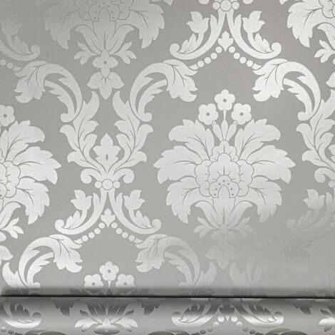 Arthouse Grey Silver Traditional Vintage Floral Damask Metallic Wallpaper (1/3)