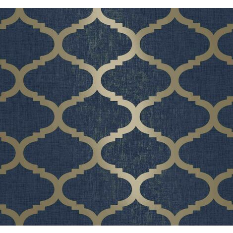 Navy Blue Metallic Gold Trellis Geometric Textured Feature Wallpaper M24211[FULL ROLL - Navy Gold Trellis M24211]