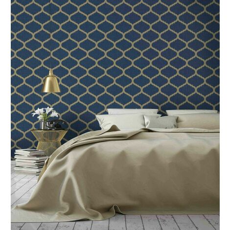 Navy Blue Metallic Gold Trellis Geometric Textured Feature Wallpaper M24211[FULL ROLL - Navy Gold Trellis M24211]