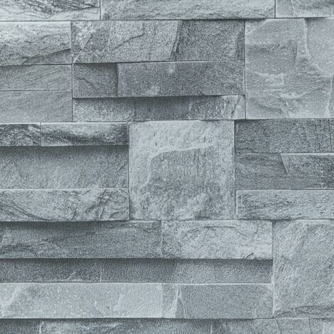 WD Thorn Slate Charcoal Grey Realistic Textured Stone Brick Wall Vinyl Wallpaper