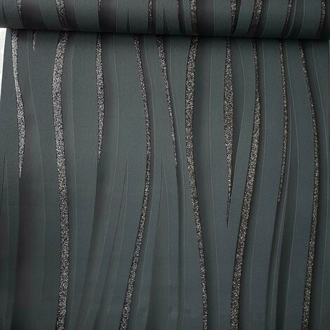 GLITTER SPARKLE CHARCOAL BLACK TEXTURED WAVE VINYL FEATURE WALLPAPER 3D GLITTER