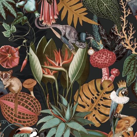 Holden Decor Woodland Black Multi Tropical Rainforest Jungle Animals Wallpaper (1/4)