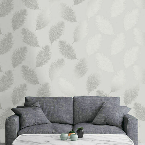 Holden Decor Grey Silver Fawning Feather Metallic Shimmer Wallpaper 12626