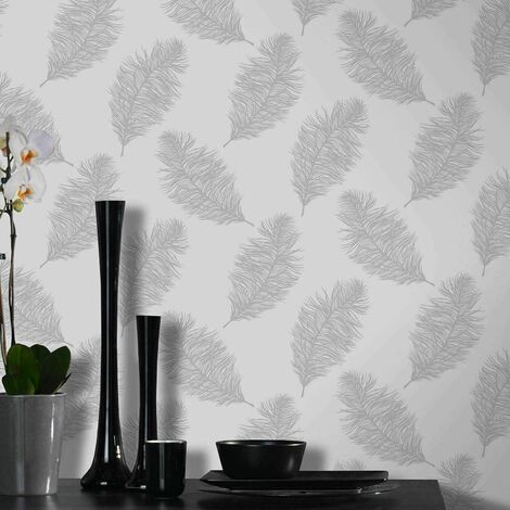Holden Decor Grey Silver Fawning Feather Metallic Shimmer Wallpaper 12626