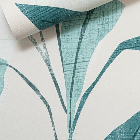 Rasch White Green Teal Tropical Palm Leaves Non Woven Textured Wallpaper