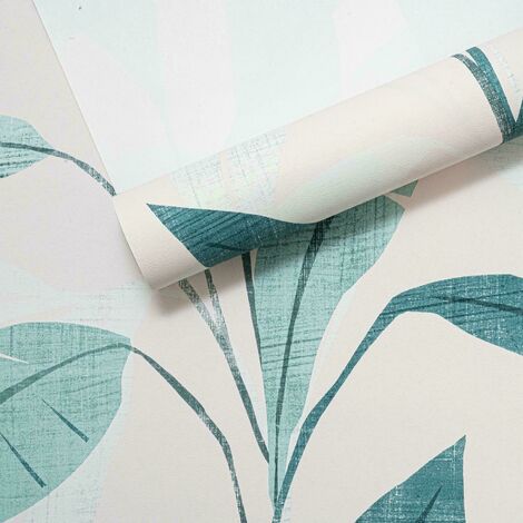 Rasch White Green Teal Tropical Palm Leaves Non Woven Textured Wallpaper
