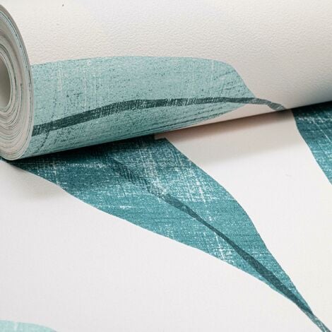 Rasch White Green Teal Tropical Palm Leaves Non Woven Textured Wallpaper
