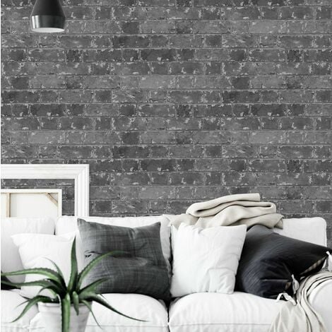 Rustic Black House Brick Effect Realistic Mural Feature Wallpaper Metallic