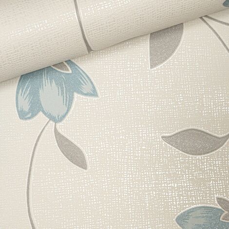 Freya Light Blue Floral Trail Grey Silver Glitter Textured Vinyl Wallpaper