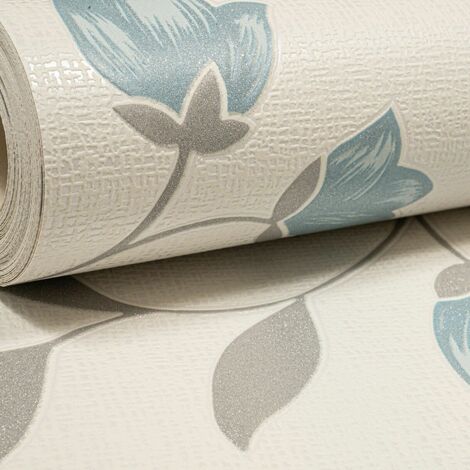 Freya Light Blue Floral Trail Grey Silver Glitter Textured Vinyl Wallpaper