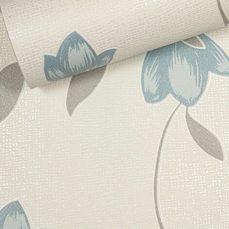 Freya Light Blue Floral Trail Grey Silver Glitter Textured Vinyl Wallpaper