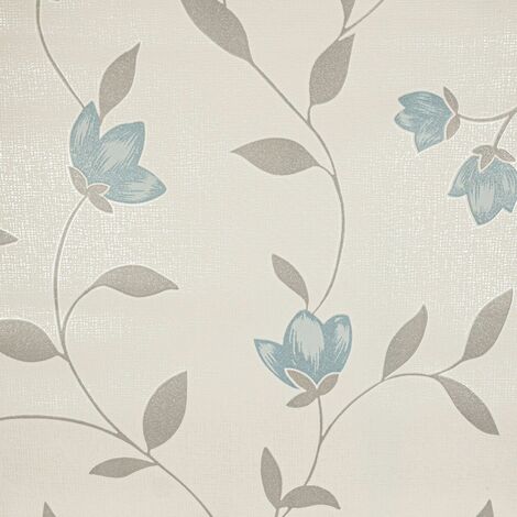 Freya Light Blue Floral Trail Grey Silver Glitter Textured Vinyl Wallpaper
