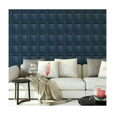 Luxury Marble Wood Panel Effect Navy Blue Sheen Vinyl Wallpaper