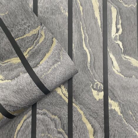 Muriva Woodgrain Panel Charcoal Gold Wallpaper Modern Contemporary Feature Wall