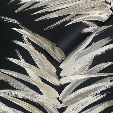 Dhara Leaf Wallpaper Muriva Black/Gold 191504 Abstract Leafy Stripes Metallic