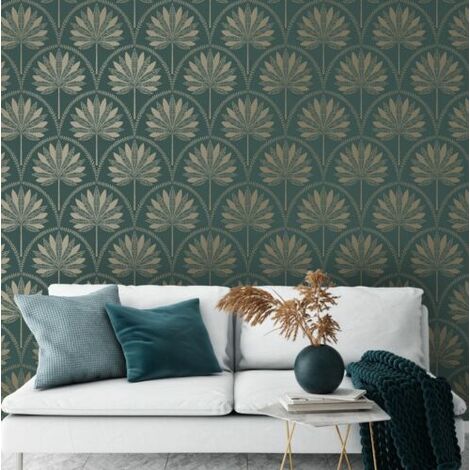 Holden Teal Metallic Gold Tropical Palm Trees Leaves Feature Wallpaper