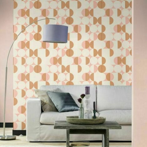 Rasch Wallpaper Club Botanique Retro White Pink Gold Circles Graphic Salmon