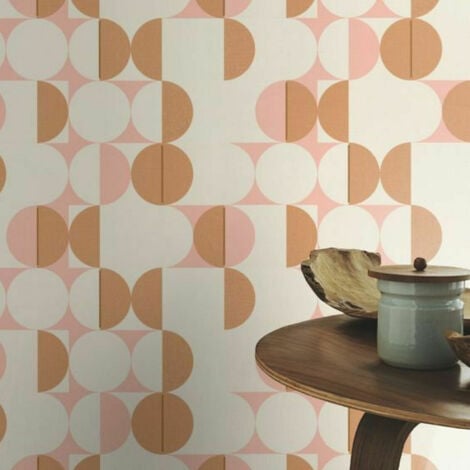 Rasch Wallpaper Club Botanique Retro White Pink Gold Circles Graphic Salmon