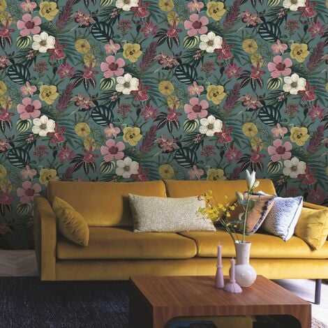 Teal Floral Orchid Wallpaper Pink Yellow Exotic Tropical Palm Leaves Smooth