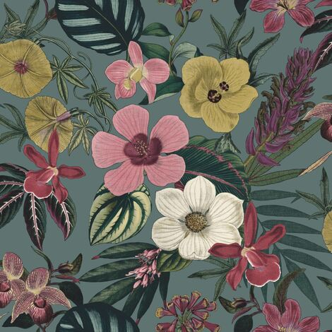 Teal Floral Orchid Wallpaper Pink Yellow Exotic Tropical Palm Leaves Smooth