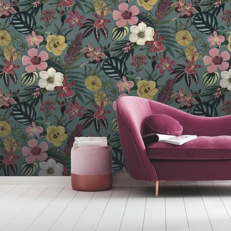 Teal Floral Orchid Wallpaper Pink Yellow Exotic Tropical Palm Leaves Smooth