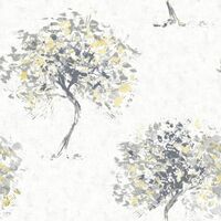 Grey Yellow Tree Wallpaper Hand Painted Effect Metallic Shimmer Beacon Fell