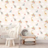 Kids Animal Balloons Wallpaper Zebras Elephants Giraffe Clouds Red Blue Cream
