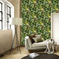 Tropical Leaves Exotic Bird Parrot Wallpaper Floral Red Blue Yellow Green Jungle - Red, Green Multi