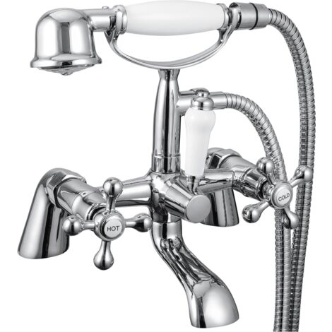 Grifo bimando sobre BORDE retro baño/ducha VICTORIA con soporte para ducha de mano Cromado