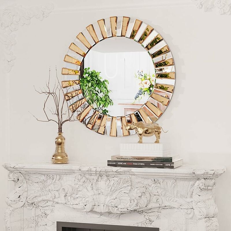 Dekorativer Wandspiegel rund 60×60cm, Luxus Gold Kunst Spiegel für
