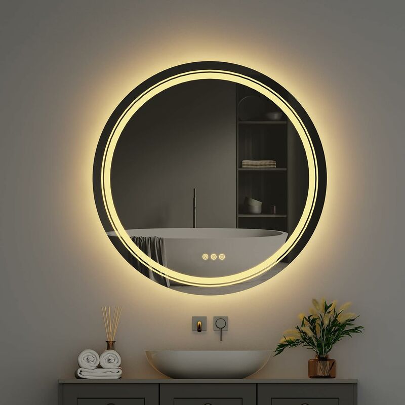 Yinleader Wandspiegel Badezimmerspiegel LED Badezimmerspiegel mit Beleuchtung rund 60cm mit Touch-Schalter Lichtspiegel dreifarbig temperaturverstellbare Helligkeit warmweiß-kaltweiß