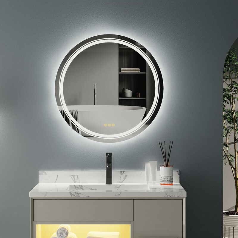 Yinleader Wandspiegel Badezimmerspiegel LED Badezimmerspiegel mit Beleuchtung rund 60cm mit Touch-Schalter Lichtspiegel dreifarbig temperaturverstellbare Helligkeit warmweiß-kaltweiß