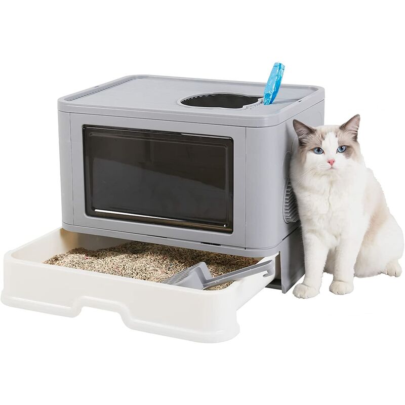 Drumm Faltbare Katzentoilette 50x35x38 Cm – Mit Deckel, Schublade & Gitterboden, Für Große Katzen Bis 20 Kg
