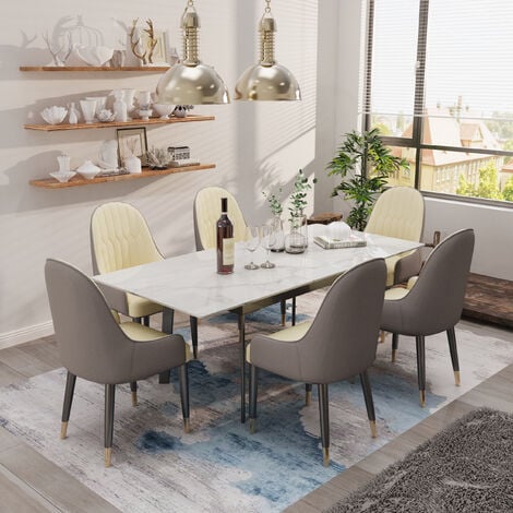 Esstisch ausziehbar Marmor Küchentisch Modern Esszimmertisch für 6-8 Personen Ausziehtisch mit Schwarze Metallgestell 160x80 cm, Bentley Weiß