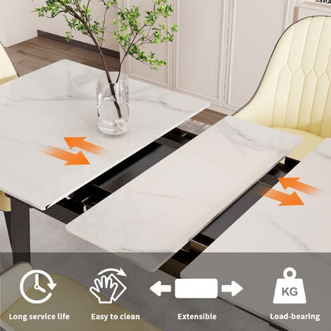 Esstisch ausziehbar Marmor Küchentisch Modern Esszimmertisch für 6-8 Personen Ausziehtisch mit Schwarze Metallgestell 160x80 cm, Bentley Weiß
