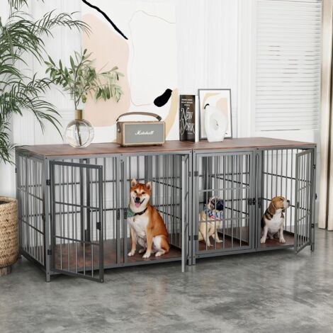 Hundekäfig Schrank Holz Indoor 2 in 1 Hundebox im Möbelstil mit Abnehmbarer Trennwand und 4 Türen, Haustierkäfig für 2 kleine Hunde oder mittelgrosse Hunde L 90x62x68.5 cm Schwarz
