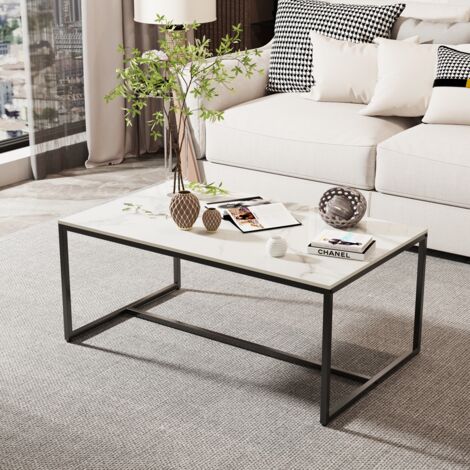 Couchtisch Marmor Weiß Modern Kaffeetisch Rechteckiger Skandinavisch Wohnzimmertisch mit schwarz Metallgestell - Beistelltisch für Wohnzimmer 100x60x40cm