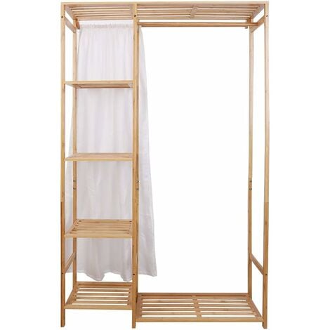 XXL Kleiderständer Bambus Garderobenständer Kleiderschrank Garderobe mit Kleiderstange 4 Ablagen und Vorhang 146x90x30cm