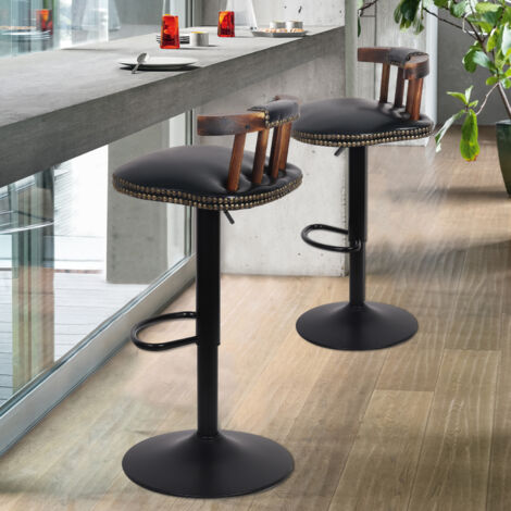 2er Set Barhocker Vintage Barstuhl Tresenhocker mit Fußstütze Rücklehne Höheverstellbar 360° drehbar für Bar Café Küche - Schwarz