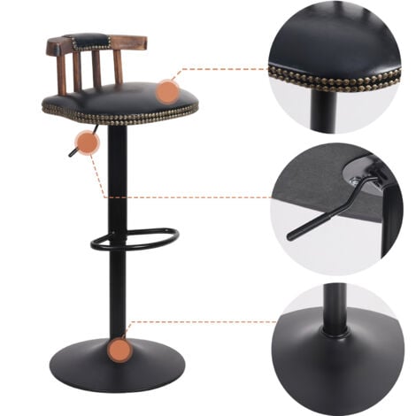 2er Set Barhocker Vintage Barstuhl Tresenhocker mit Fußstütze Rücklehne Höheverstellbar 360° drehbar für Bar Café Küche - Schwarz