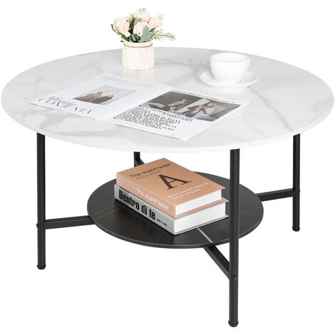 unho Couchtisch Marmor Rund Weiß Wohnzimmertisch, Beistelltisch Sofatisch mit 2-Ablagen und schwarz Metallgestell, für Wohnzimmer 80×47.5cm