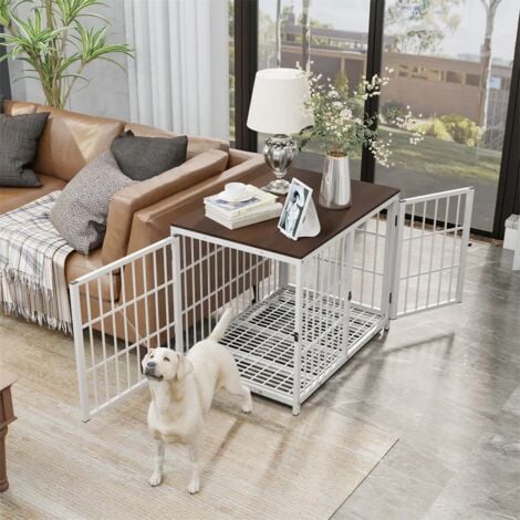Hundekäfig Hundehaus Indoor, Hundehütte aus Holz und Metall, 3 Türen, abnehmbare Tablett, DIY Kombination Hundebox kleine Hunde, Weiß M 78x56x65 cm