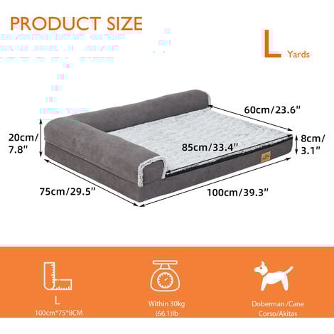 Hundebett groß Hunde, orthopädisches waschbares Hundebett, L-Form Hundesofa Hundekissen L 100x75x20cm