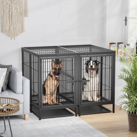 Hundekäfig XXL Schwerlast 2 in 1, Extra große Haustierkäfig mit Abnehmbarer Metalltrennwand, 2 Türen, 2 Toilette Tablett Unzerstörbar Metall doppel Hundezwinger Indoor Outdoor für 2 Hunde
