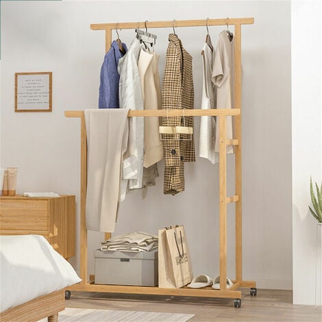 Garderobenständer mit Rollen, Bambus Kleiderständer mit 2 Kleiderstange  Ablage, bis 60kg belastbar, für Laden Schlafzimmer Ankleidezimmer